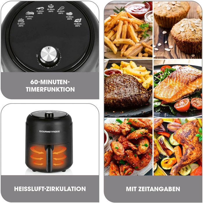 Фритюрниця з гарячим повітрям GOURMETmaxx 2,3 л, 1000 Вт, 9 програм, таймер 60 хв, енергозберігаюча, майже без олії, матова чорна