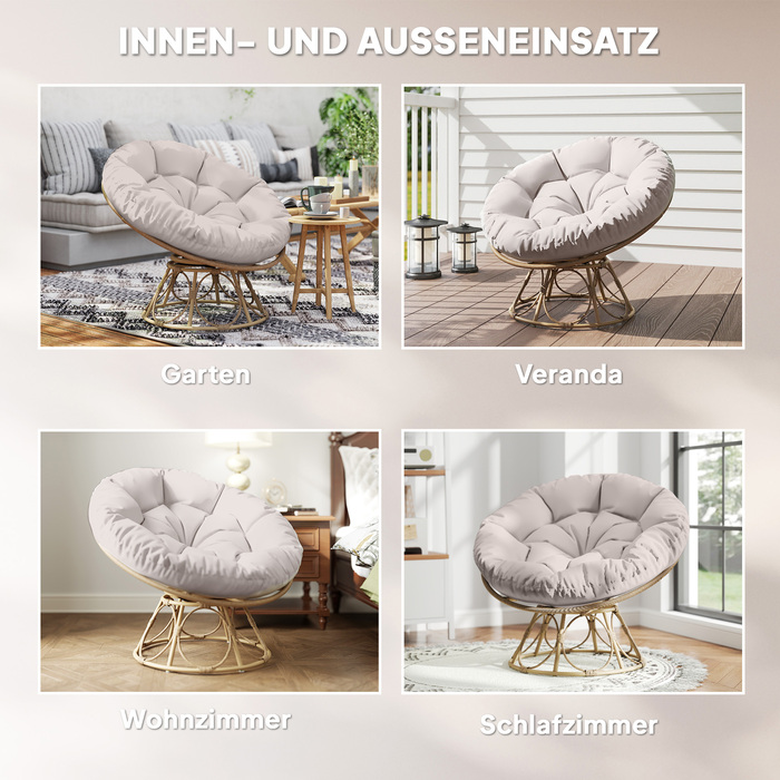 Outsunny Papasan Крісло Ротанг 360° Поворотне плетене крісло з подушкою сидіння Діаметр 120 см Кругле зовнішнє ротангове крісло Поворотне крісло Крісло для відпочинку Крісло Реклайнер для вітальні Сад Балкон Світло-сірий
