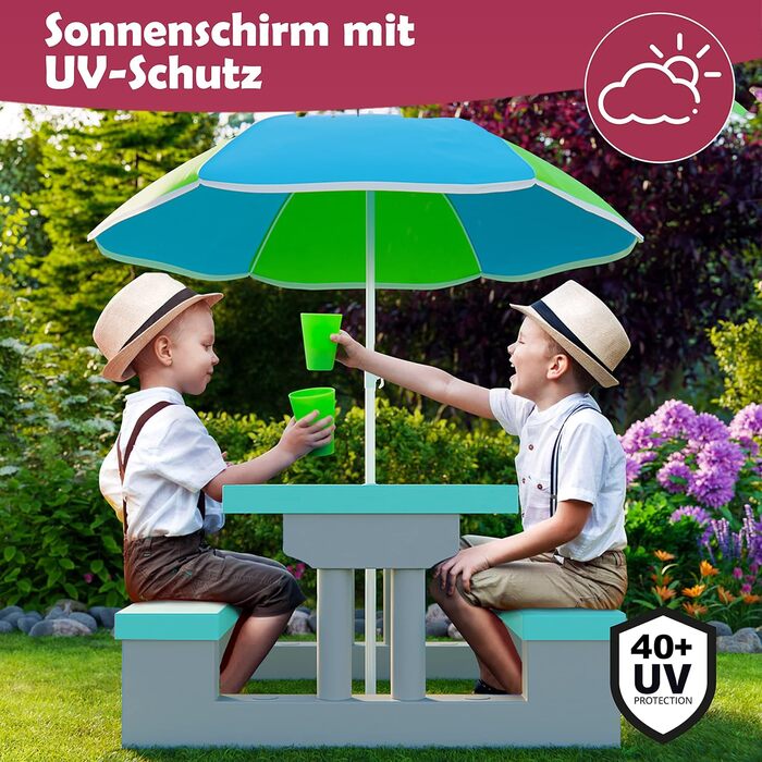 Дитячий садовий набір з парасолькою Spielwerk Sonnenschirm: стіл та стільці, захист від UV-випромінювання, ABS пластик, миється, стійкий до погодних умов, м'ятний/сірий