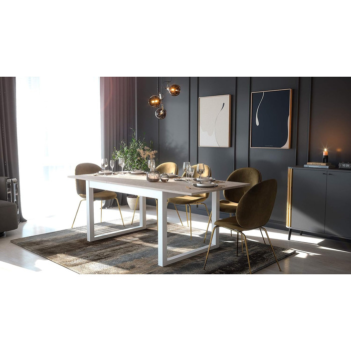 Розсувний обідній стіл Newfurn 160-200 см, білий із стільницею під піщаник, сучасний скандинавський стиль, для кухні та вітальні