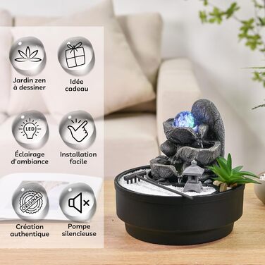 Садовий фонтан Zen з обертовою скляною кулею, LED підсвіткою, білим піском, закритою циркуляцією води, 21 см, Bogota Zen'Light – декор для дому та саду