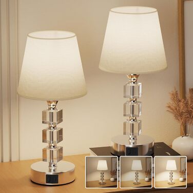 Настільна лампа Livofloral з сенсорним димером, USB A+C, LED, кришталем і тканинним абажуром, для спальні, дитячої, вітальні, готелю, біла