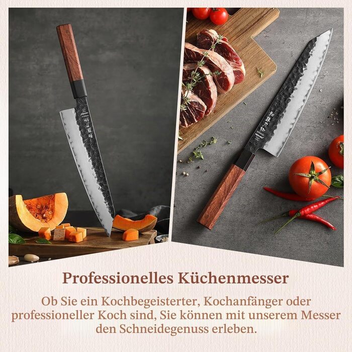 Професійний японський ніж Kiritsuke HEZHEN 21,5 см, кухонний ніж із 3-шарової дамаської сталі з восьмигранною ручкою з червоного дерева та дерев'яним чохлом