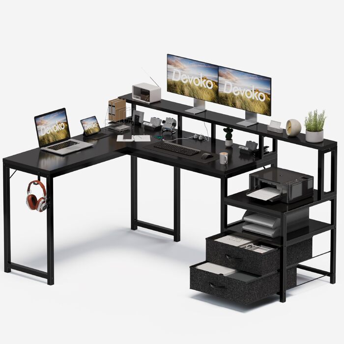 Кутовий стіл Devoko 168x120 см з шухлядою, розеткою, USB-портом, підставкою для монітора та полицями, чорний