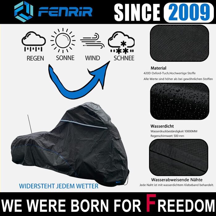 Чохол для мотоцикла FENRIR 265x110x130 см, водонепроникний для Cruiser/Touring, підходить до GL1800 Gold Wing, K1600GT, K1600B, R18, Electra Glide, Road King, Road Glide, Street Glide, для вулиці