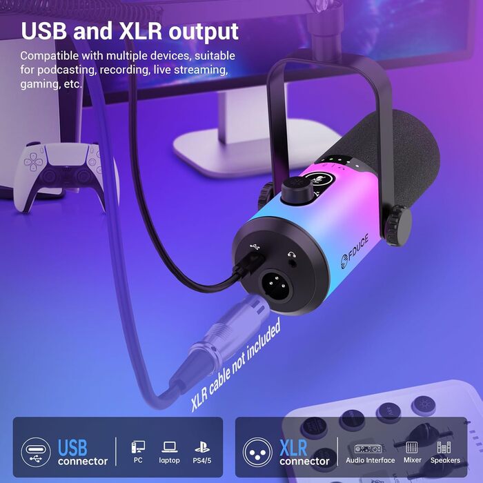 Ігровий мікрофон FDUCE з USB/XLR підключенням для стрімінгу, запису подкастів та ігор. RGB-підсвічування, регулювання чутливості, навушник, кріплення-павук (D20+)