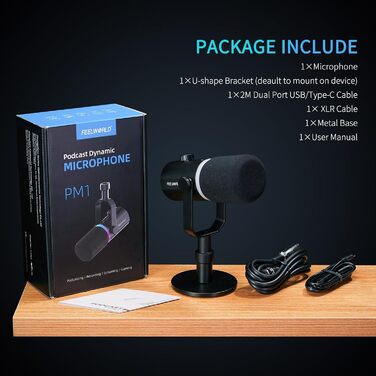 FEELWORLD PM1 Динамічний мікрофон XLR/USB з RGB-підсвічуванням для подкастів, геймінгу та YouTube. Комплект з підставкою та кабелем