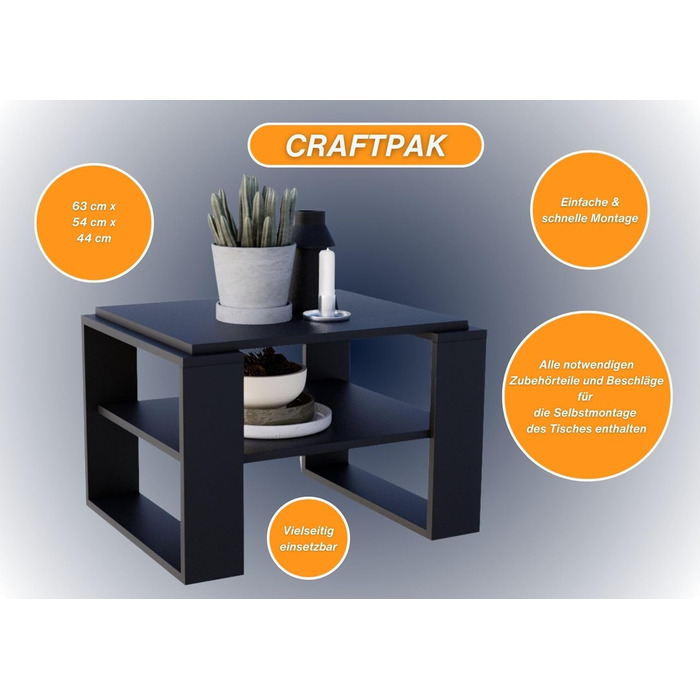 Журнальний стіл CraftPAK Kaja 63 для вітальні, чорний, з ДСП, сучасний дизайн з додатковою полицею