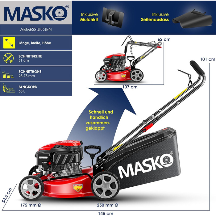 Бензинова газонокосилка MASKO® 5в1 | Ширина косіння 51 см | 8 положень висоти стрижки | 4-тактний OHV двигун 6.0 PS | Об'єм кошика 65 літрів | З набором для мульчування, бічний викид | Червоний / Чорний