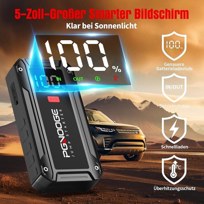 Бустер автомобільного акумулятора Starthilfe Powerbank 26800mAh 6000A з LED-ліхтарем та дисплеєм для авто, SUV, мотоциклів та газонокосарок, чорний