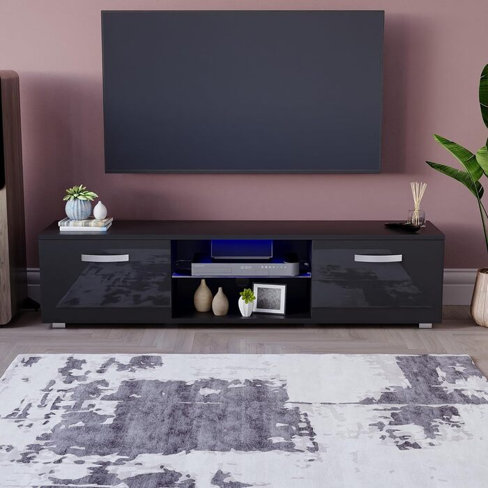 Тумба під телевізор Vida Designs Cosmo з LED-підсвіткою, 2 двері, сучасна, глянцева і матова, MDF, чорна, 160 см, медіа-стійка для вітальні, меблі з RGB освітленням