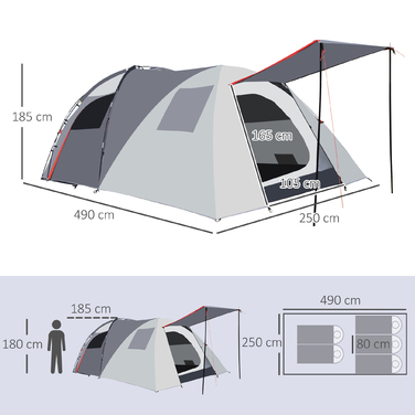 Outsunny Camping Tent 5-місний тунельний намет зі спальнею, сумка для перенесення, водяний стовп 2000 мм, сітчасте вікно, сірий