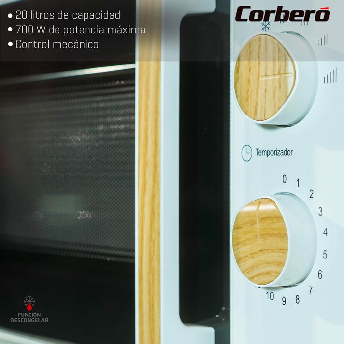 Мікрохвильова піч Corberó CMICG270WOODW, 20 л, 700 Вт, механічне керування, 5 рівнів потужності, чорна