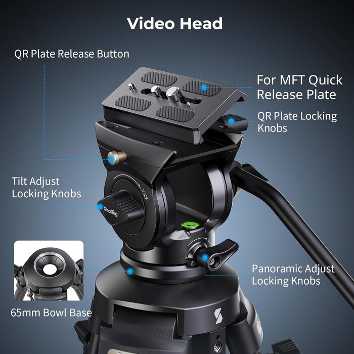 SMALLRIG 62'' відеоштатив з 360° флюїдною головою, легкий алюмінієвий штатив з швидкознімною пластиною та ручкою для DSLR та відеокамер, вантажопідйомність 5 кг, AD-50Lite