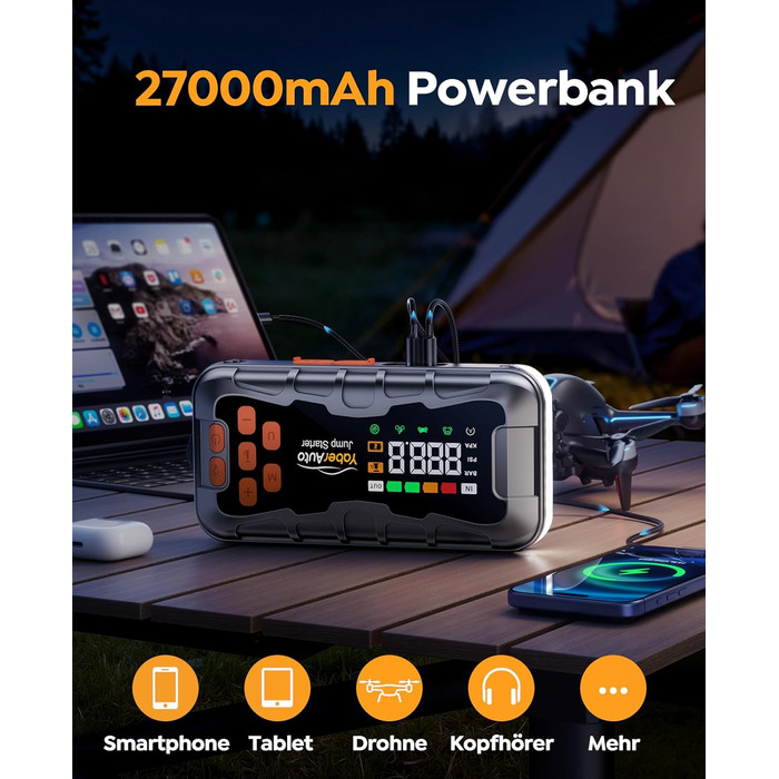 Powerbank 16 в 1 з компресором 160PSI, 27000mAh для авто: старт, світло, інструменти