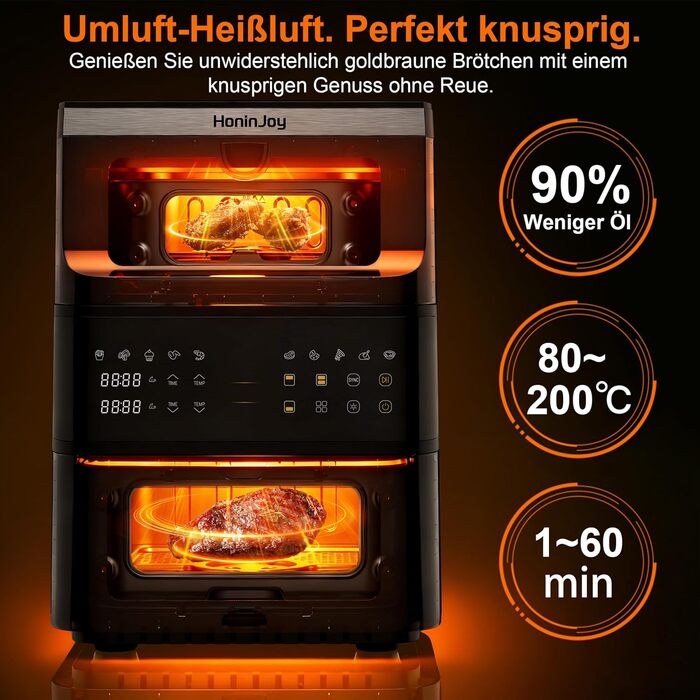 Аерофритюрниця з вікном 12л 12-в-1 Dual Zone (4+8л), двокамерна фритюрниця з сенсорним керуванням та 50 паперовими вкладишами, чорна