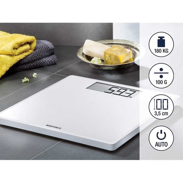 Електронні ваги Soehnle Style Sense Safe 100 для людей, велика LCD, антиковзкі ніжки, плоска вага, біла