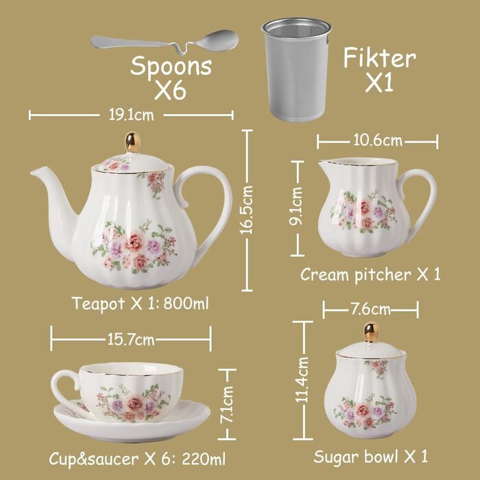 Набір чайної посуд Sweejar Home Porzellan, серія British Royal, на 6 осіб (з чайником, цукорницею, ложками, ситечко)