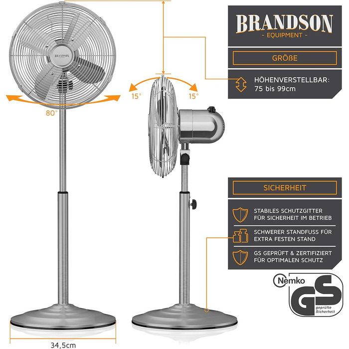 Підлоговий вентилятор Brandson Silverline з коливанням 80° та хромованим дизайном - 3 швидкості, регульована висота та нахил 30°