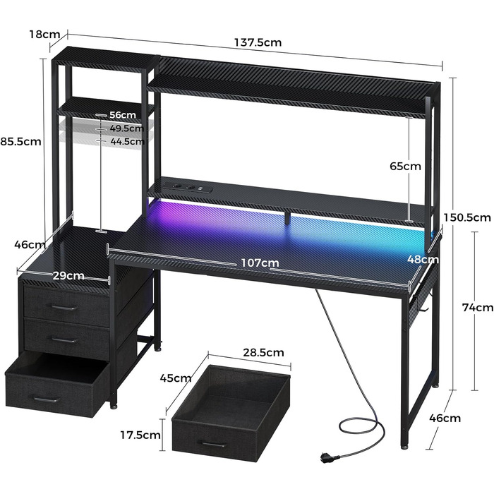 Ігровий стіл Coleshome з LED підсвіткою, полицями та висувними ящиками 137x48 см, чорний карбон