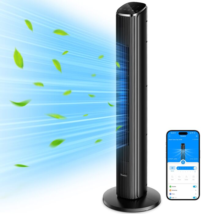 GoveeLife Розумний вежний вентилятор з Wi-Fi та Bluetooth, 75° осциляція, 8 швидкостей, 5 режимів, таймер на 24 год