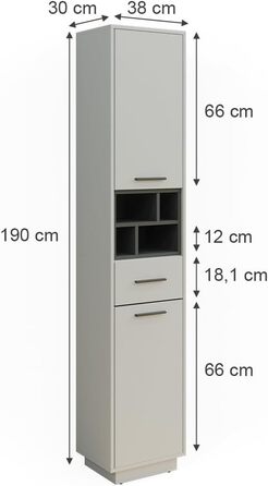 Високий шафа для ванної Vicco Beatrice, сірий/антрацит, 38x190 см, з дверцятами, шухлядою та відкритими полицями