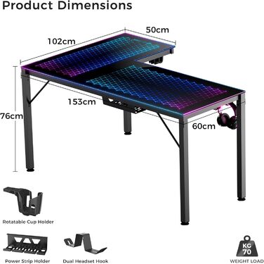 Ігровий стіл EUREKA ERGONOMIC з RGB-підсвічуванням 110 см - скляний комп'ютерний стіл для геймерів з керуванням через додаток