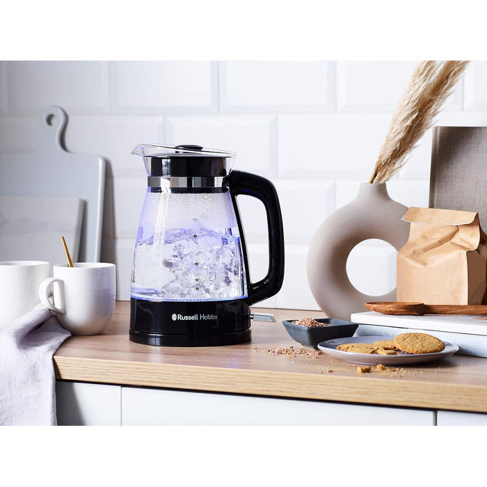 Тостер Russell Hobbs Textures+ (2 широкі слоти, підставка для булочок, 850 Вт, чорний) + Електричний чайник скляний Russell Hobbs Classic (1.7 л, 2400 Вт)