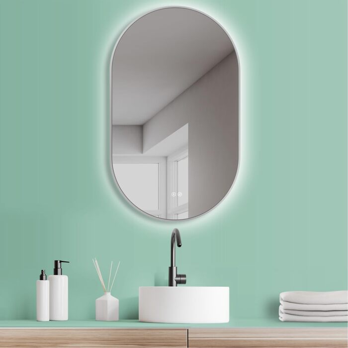 Дзеркало для ванної кімнати LED HOKO Design Turin, овальне, 45x75 см, матовий чорний каркас, сенсорне керування, LED-підсвічування, антизапарник