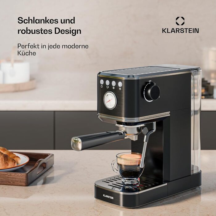 Кавоварка рожкова Klarstein SteelPresso Slim, 20 Бар, 1350 Вт, 1,2 л, парова насадка, нержавіюча сталь, компактна, легке очищення, чорна