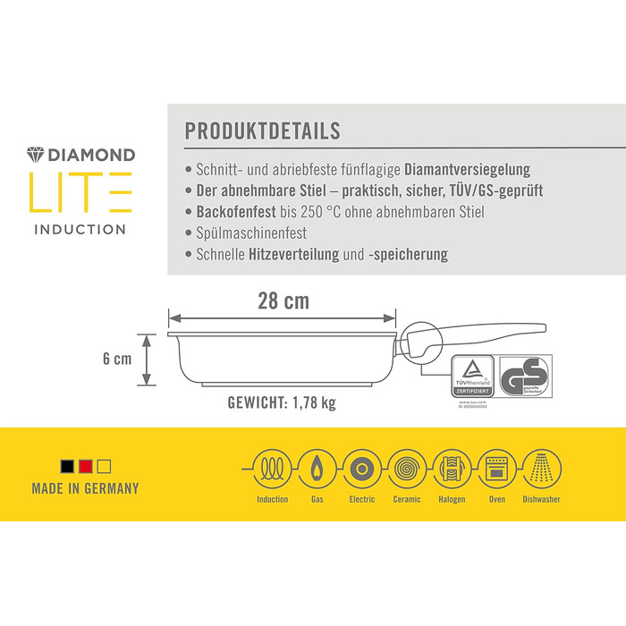Сковорода квадратна Woll Diamond Lite 28x28 см, алюмінієва, знімна ручка, індукційна, для всіх плит, духовки, антрацит