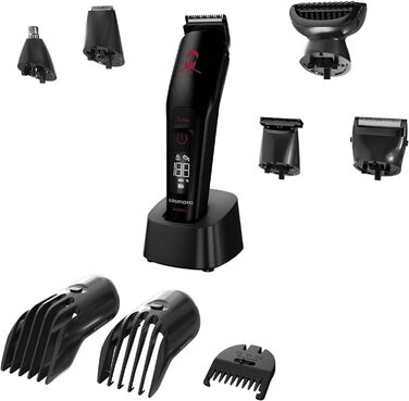 Машинка для стрижки GRUNDIG MGK 9030 ProClub, сенсор для бороди, вологе та сухе використання, літій-іонний акумулятор, титанове лезо, чорний/червоний