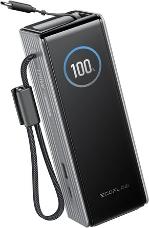 EcoFlow Rapid Powerbank 25000 mAh 170W з вбудованим кабелем та USB-C 100W - портативний зарядний пристрій для iPhone, Samsung, MacBook та інших пристроїв (срібний)