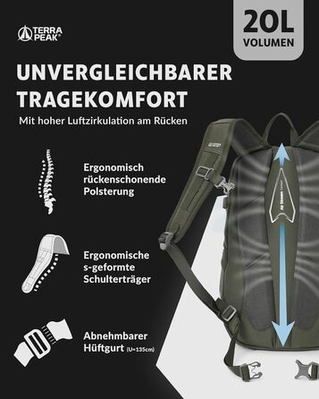 Рюкзак Terra Peak Flex 20L преміум, оливковий – туристичний рюкзак з вентиляцією спини, питною системою, дощовиком, 3D Air Mesh поліестер, поясом, для трекінгу та подорожей