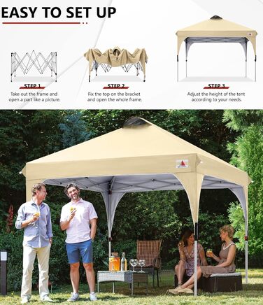 ABCCANOPY Павільйон 3x3 м водонепроникний, складаний, для саду та фестивалів, сонцезахисний, з роликовою сумкою, 4 обважнювачами, 4 мотузками, 4 кілками, бежевий