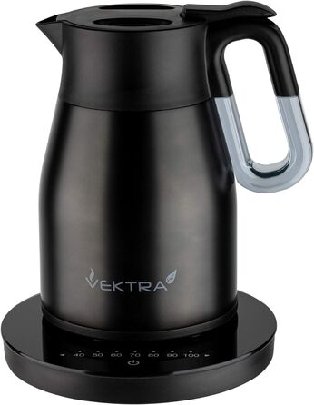 Електрочайник Vektra VEK-1504 з вакуумною ізоляцією, температурним контролем, 1,5 л, нержавіюча сталь, подвійні стінки, термос 2-в-1, BPA-free, металево-чорний, EU-вилка