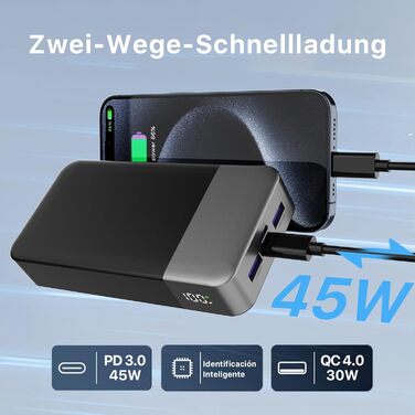 Power Bank NOBIS 20000mAh 45W з C-to-C кабелем, цифровою індикацією, чорний