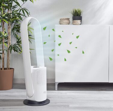 Безлопатевий турбовентилятор та очищувач повітря Sichler 2-в-1, 360°, HEPA, Wi-Fi, керування через додаток, 35 Вт – баштовий вентилятор з таймером для дому