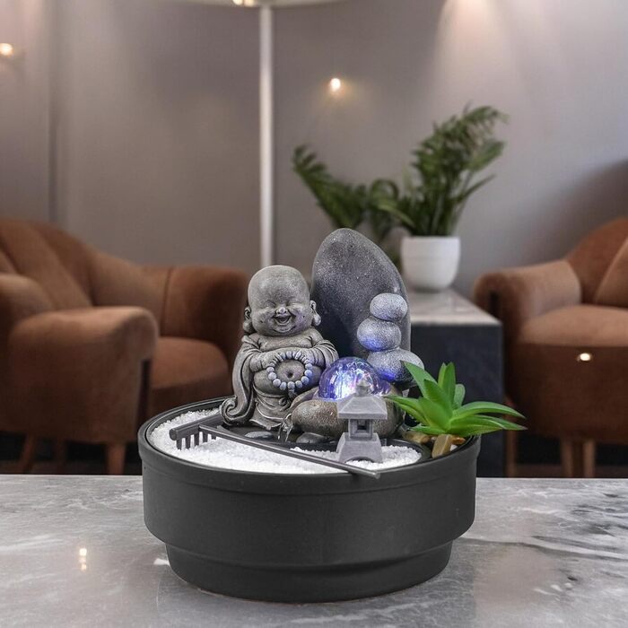 Настільний фонтан-дзен сад Sikhi Zen'Light з фігуркою Будди, кольоровою LED-підсвіткою та білим піском, 21 см — Декоративний фонтан для релаксації та інтер'єру