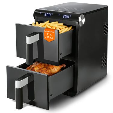 Аерофритюрниця Citybee XXL 10L (5L+5L) з двома камерами та вікном, Dual Zone Airfryer 2200W, сенсорне керування, таймер 24г, чорна