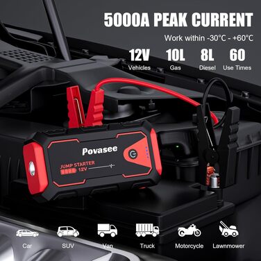 Пусковий пристрій (бустер) Povasee Starthilfe Powerbank 5000A для авто 12V, LCD-дисплей, USB-порти, для бензинових та дизельних двигунів до 10л, червоний