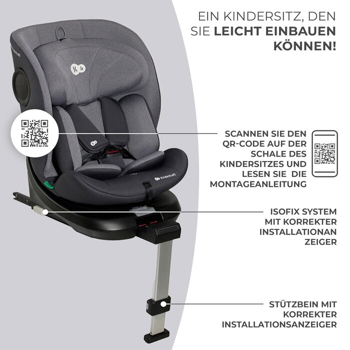 Дитяче автокрісло Kinderkraft I-360, 0-36 кг, I-Size 40-150 см, обертається на 360°, ізофікс, регульована підголівник і спинка, сіре