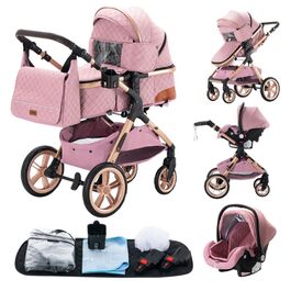 Дитяча коляска Glokid 3 в 1, система подорожей, прогулянкова коляска з обертовим сидінням, люлька та спортивне сидіння, гумові колеса, складна одним кліком, аксесуари, портативна (LQL XX1 Рожева)