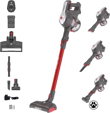 Пилосос Hoover H-FREE 100 PETS для прибирання шерсті тварин, акумуляторний, без мішка, з насадкою для тварин, до 40 хв роботи, бездротовий, LED-підсвітка, XL контейнер, функція паркування, насадка-щіточка, червоний/титан