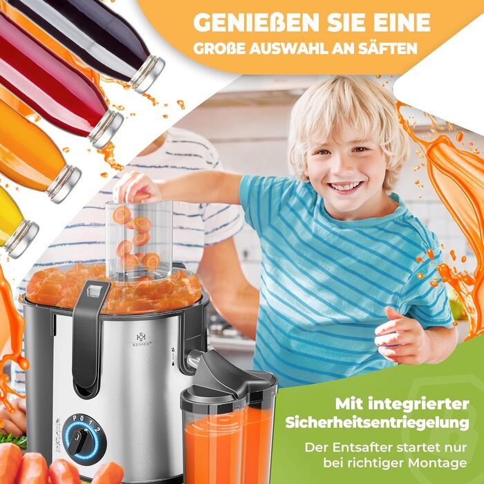 Електрична соковитискачка KESSER® Zentrifuge з нержавіючої сталі, 1100W, велика трубка для завантаження, 3 швидкості, сірий/сріблястий колір
