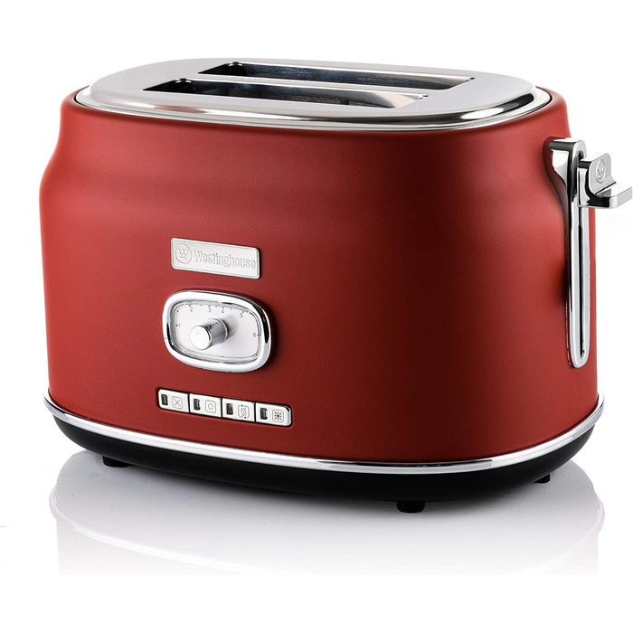 Тостер Westinghouse Retro на 2 скибки, знімна решітка для булочок, 6 рівнів підсмажування, функції розморожування, підігріву та зупинки, центрування хліба, контрольна лампочка, висувний піддон для крихт, червоний