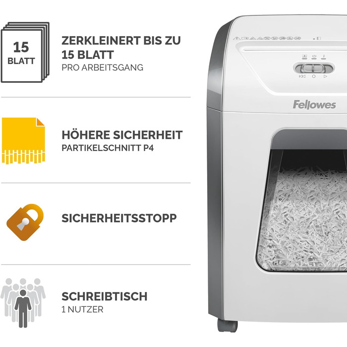 Fellowes Powershred 15C: Офісний шредер для дому, 15 аркушів, 19л контейнер, P4, білий