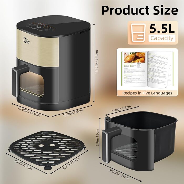 Електрична аерофритюрниця Uten Dual Blaze 2000 Вт, 5,5 л, 14 програм, без олії, із віконцем, золота, квадратна