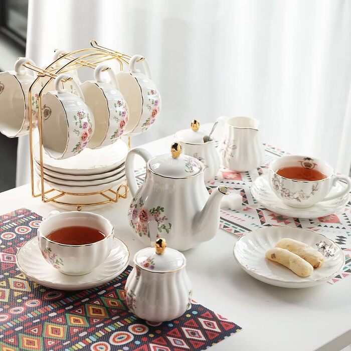 Чайний сервіс Sweejar Home Porzellan British Royal, 6 персон, з чайником, цукорницею, ложками та ситечком, для High Tea (FloralD)
