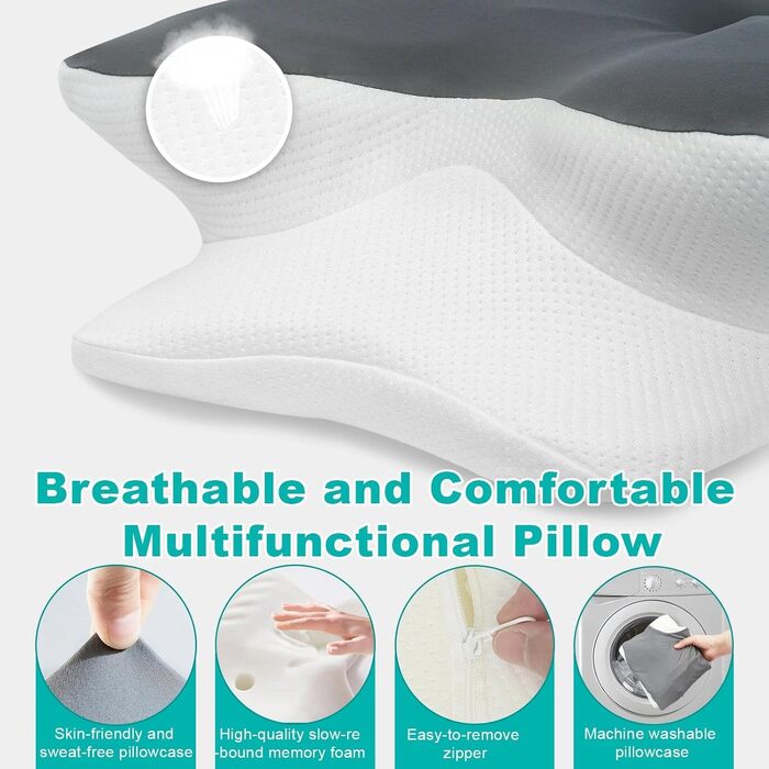 Ортопедична подушка з піни Memory Foam для шиї та голови 63x42.5x13.8/9 см, ергономічна для сну на боці, спині та животі
